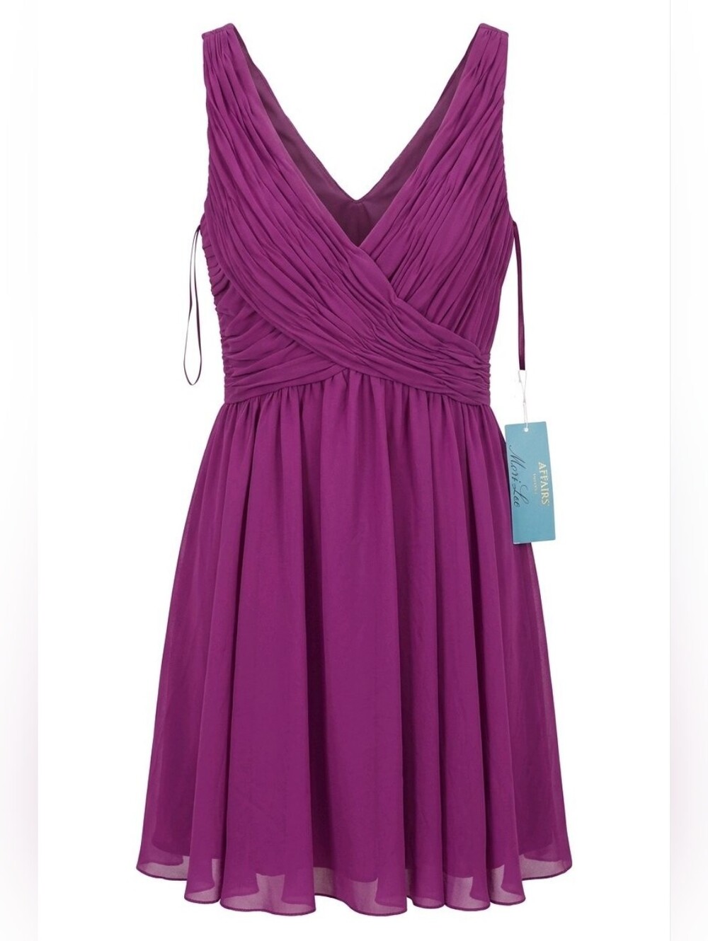 Mori Lee Affairs Purple Chiffon Ruched Mini Dress NWT Pit 19", Length 30"